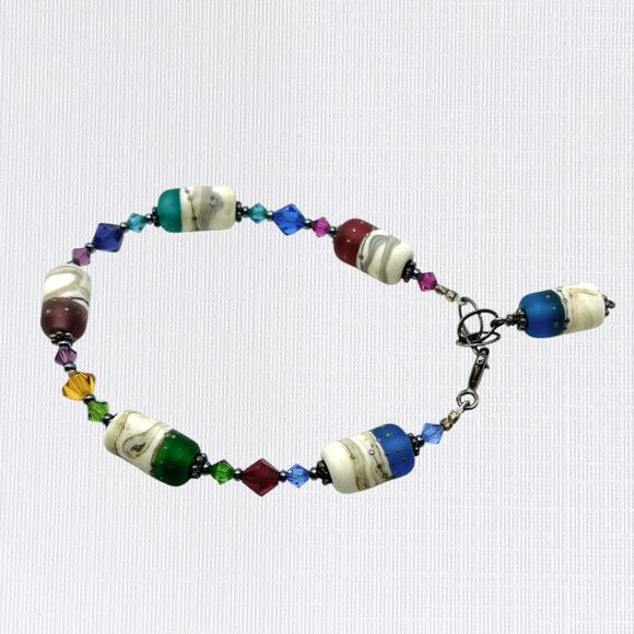 Handmade Bracelet Linked Polymer Clay Cylinder Beads Crystal Boho Artsy Festival - Picture 2 of 7